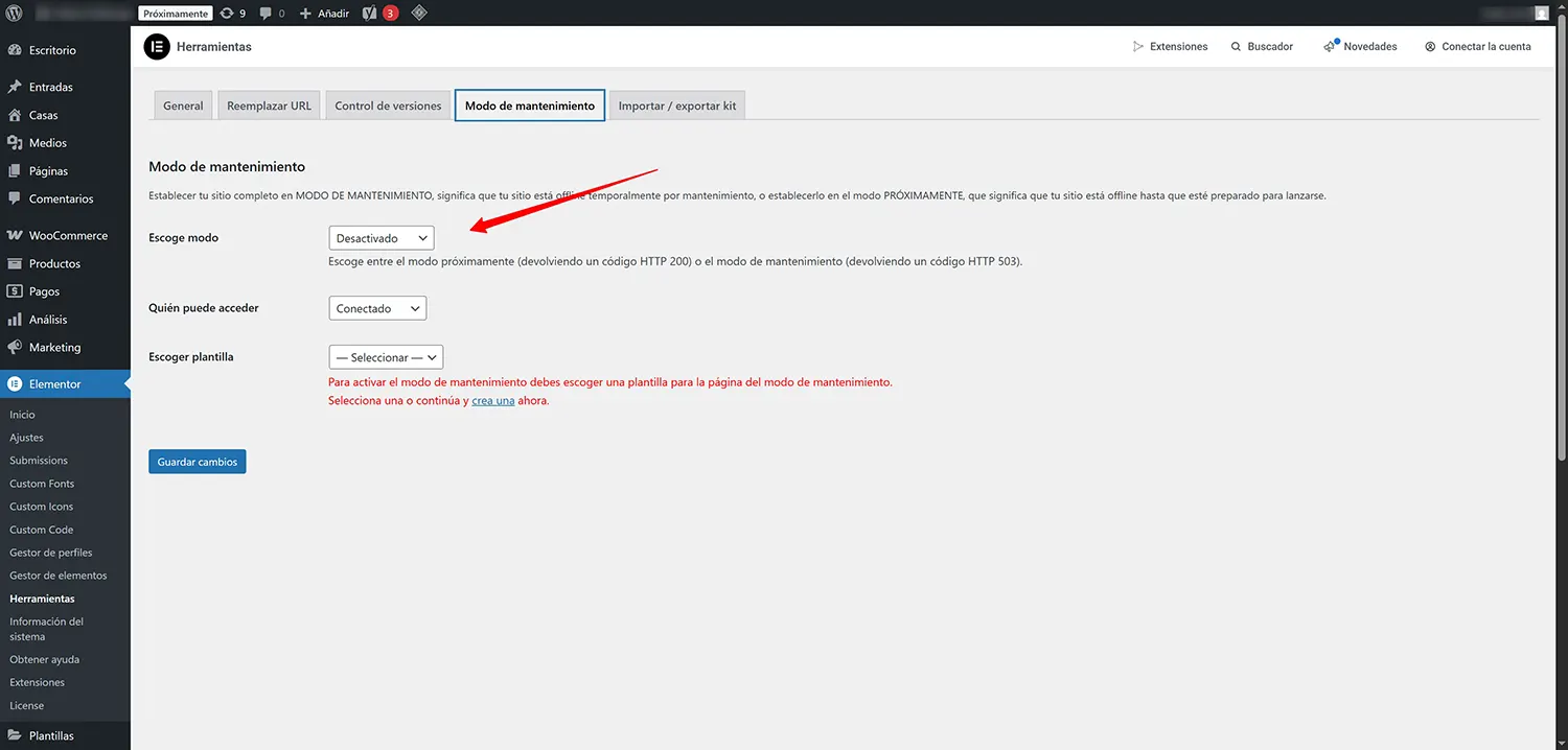 modo-mantenimiento-elementor
